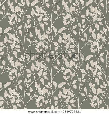 Sprig and leaf texture,mid-century modern seamless vector pattern background. Elegant hand-drawn paint brush style overlapping foliage backdrop. Dense painterly botanical leaf repeat for print, web