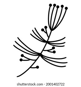 Espiral con ícono vectorial de hojas y bayas. Contorsión floral de campo. Ilustración botánica aislada sobre fondo blanco. Esbozar la rama de la planta. Silhouette de hierba silvestre. Doodle dibujado a mano. 