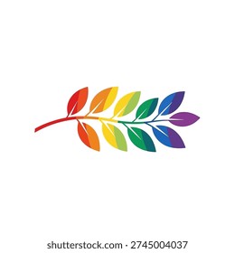 A sprig of leaves, each colored in the rainbow spectrum, against a clean white background
