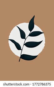 Sprig with leaves on a white circle and brown background. One of a series of pictures.