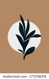 Sprig with leaves on a white circle and brown background. One of a series of pictures.