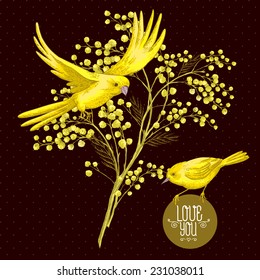 Sprig of Mimosa and Yellow Bird, Spring Background, Floral Greeting Card