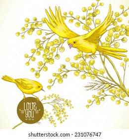 Sprig of Mimosa and Yellow Bird, Spring Background, Floral Greeting Card