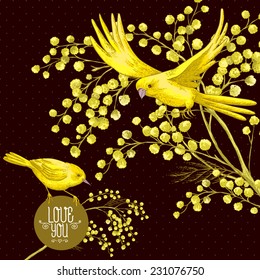 Sprig of Mimosa and Yellow Bird, Spring Background, Floral Greeting Card