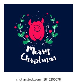 A sprig of mistletoe and a bull with text on dark background. Flat style. Vector christmas card.