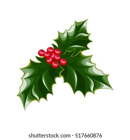 A sprig of mistletoe plants. Green leaves ,red berries. Christmas decoration.Vector illustration.