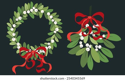 Sprig of mistletoe with a red bow. Mistletoe wreath. Vector illustration