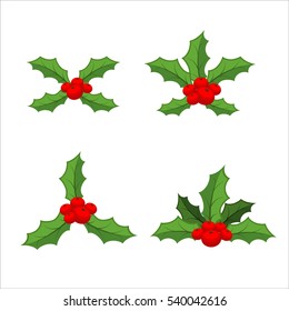 Sprig of mistletoe set. Traditional Christmas plant. Holiday red berry with green leaves. Decorating for national Festive on white background. xmas design template