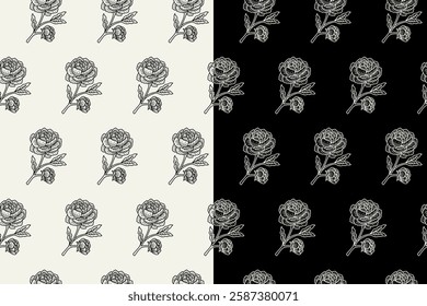 sprig of peony flower doodle seamless pattern on black white background set. stem of peonies engraving pattern background. retro peony flower sprigs background for florist decor and merchandise