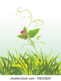 Sprig with pink flowers and grass. Vector