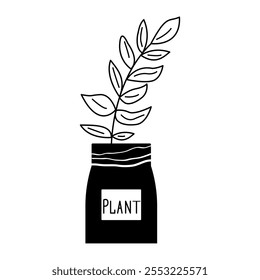 A sprig of a plant in a vase, a jar with an inscription. It is made in the doodle style. A hand-drawn houseplant. Contour vector illustration. Perfect for postcards, decorations and logos.