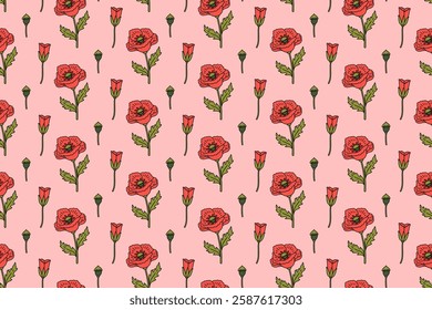 sprig of poppy flower with buds colorful seamless pattern on pink background. stem of poppies doodle illustration pattern background. poppy flower sprigs background for florist decor and merchandise