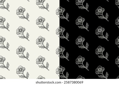 sprig of poppy flower doodle seamless pattern on black white background set. stem of poppies engraving pattern background. retro poppy flower sprigs background for florist decor and merchandise