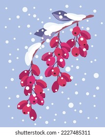 Sprig of red barberry under the snow, falling snow. Winter vector illustration isolated on light blue background.All elements on different layers.
