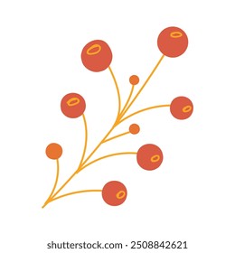 Sprig of round ripe forest berries. Stem of ripe autumn berries. Simple color cozy illustration. Hand drawn cartoon vector isolated on white background