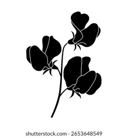 Sprig of sweet pea flowers shown as a solid black silhouette. Simple botanical icon for garden designs, floral arrangements, or spring themes.