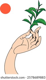 a sprig of tea in his hand on a white background