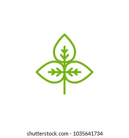 Sprig with three green leaves.  silhouette leaf. Icon Isolated on white. Logo for eco company, agriculture, nature firm, ecology, healthy organic and farm fresh food. Vector Illustration