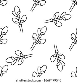 Krätzen von Weiden in handgezeichnet doodle Stil auf weißem Hintergrund. Design Osterkarte, Farbseite. Kurze Stockillustration. Zweige blühen pussy willow tree. nahtloses Muster für Vektorillustration