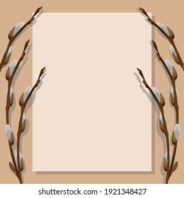 Una pizca de sauce se encuentra sobre la mesa, con una carta sobre un fondo marrón. Ilustración vectorial. El motivo de primavera es adecuado para saludos, invitaciones, volantes, promociones
