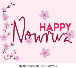 Sprigs of the apricot tree with flowers on pink background Text Happy Nowruz Holiday Concept of spring came Top view Flat lay Hello march, april, may, persian new year
