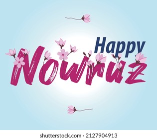 Sprigs of the apricot tree with flowers on pink background Text Happy Nowruz Holiday Concept of spring came Top view Flat lay Hello march, april, may, persian new year
