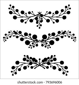 Sprigs with berries are drawn with black ink line on a white background. Elements of design and decor. Garland.