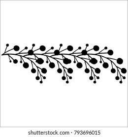 Sprigs with berries are drawn with black ink line on a white background. Elements of design and decor. Garland.