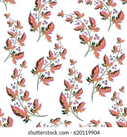 Sprigs of berries and leaves on a white background. Beige pink floral background. Seamless Floral Pattern.