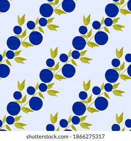 Sprigs of blueberries with green leaves on a white background. Seamless vector illustration for hoop, surface, packaging, postcards.