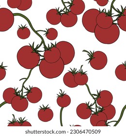 Sprigs of cherry tomatoes on a white background. Seamless background for fabrics, perfect for kitchen, vegan packaging, eco brand and kitchen textile. Simple flat style. Vector illustration. 