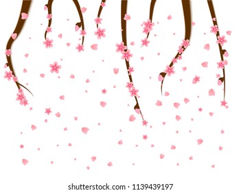 Sprigs of cherry tree flowers sakura fall spatter the spring annual season of japan isolated on white background. Asian decoration for Mid-Autumn Festival, Chuseok, other holidays. Vector Illustration