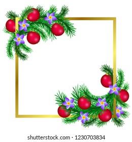 Sprigs of Christmas tree decorated with blue flowers and pink balls and gold frame. Vector illustration.