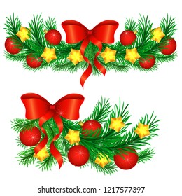 Sprigs of Christmas tree decorated with gold stars and red balls. Vector illustration.