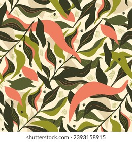sprigs with colorful leaves scattered over a seamless background. floral tropical print.