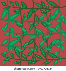 Sprigs of greens on a red background. Branches with leaves intersect with each other with a different shade of green.
