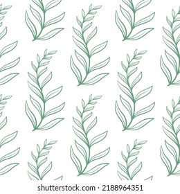 Las brotes de hierbas grabadas a mano con un patrón sin costuras. Esbozo de fondo de ramas naturales caducifolias. Huella botánica. Plantilla para empaquetar e imprimir ilustraciones vectoriales