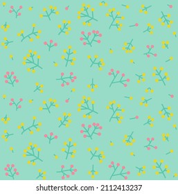 
sprigs of pink and yellow mimosa on a turquoise background for packaging and postcards for the holiday of March 8