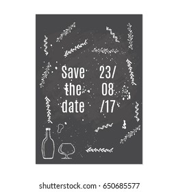 Sprigs of plants and a glass. Save the date text calligraphy vector 