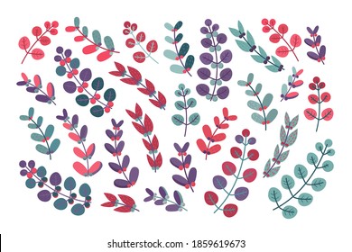 Las espirales y las ramas están aisladas en blanco. Elementos de diseño dibujados a mano púrpura, rosa y verde. Colección de bonitos palos con bayas.