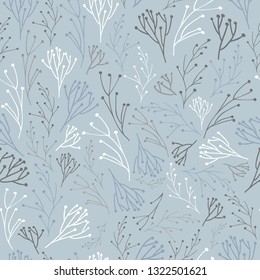 Sprigs Vector Nursery repeat pattern with Cadet Gray colour background. Perfect for Fabric,Wall paper,Crib sheets,Curtains,Throw pillows,Baby shower gift wrap and Nature inspired projects.