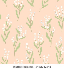 Sprigs with white flowers. Cute vector seamless pattern with spring plants. Hand drawn floral texture on beige background