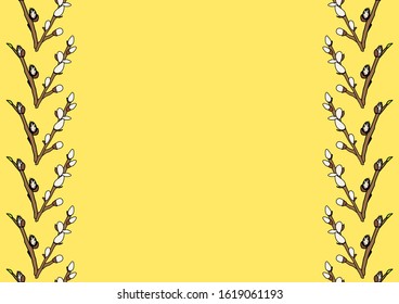 Sprigs of willow seals isolated on yellow horizontal easter background with copy space. Place for text. Scrapbooking design.Vector simple cartoon illustration. Holiday banner,invitation.Birthday card.