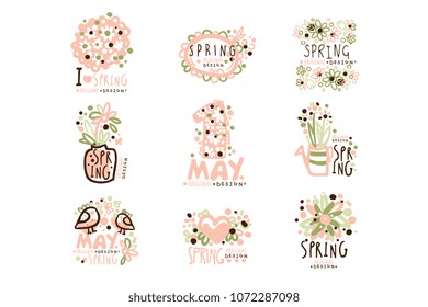 Spring, 1 May set for label design. Spring holidays, First May, International labor day vector Illustrations