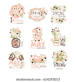 Spring, 1 May set for label design. Spring holidays, First May, International labor day logo vector Illustrations