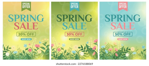 Spring 2023 Sale Background, set of abstract backgrounds with floral leave flowers frame, spring sale, banner, poster, cover, templates, social media, feed, wallpaper, stories