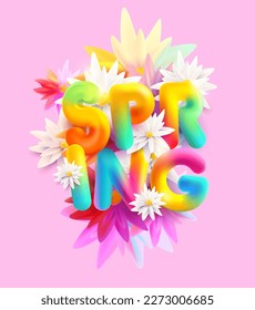  Spring 3D flower banner. Realistic gentle bouquet with colorful lettering deign. 