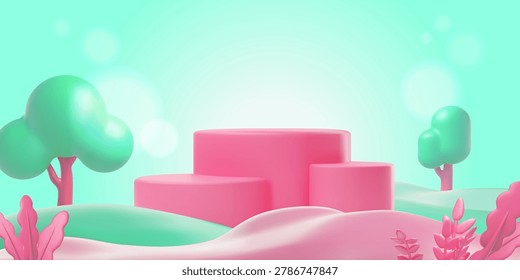 A spring 3D poster with pink cylindrical podiums, trees, foliage, hills, and highlights. Suitable for presenting cosmetics, perfumes, and spring collections in advertising layouts. Vector. Render.