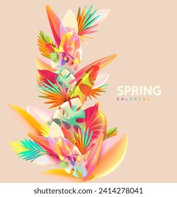 Spring 3D tropical leaves and plants on light background. Abstract floral bouquet.