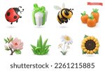 Spring 3d vector cartoon icon set. Ladybug, gift box, bee, carrot, magnolia flower, green grass, chamomile, sunflower